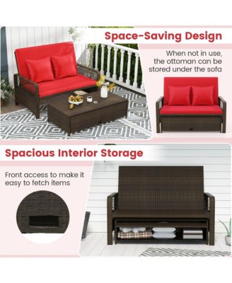 Patio Rattan Daybed Wicker Loveseat Sofa w/ Multifunctional Ottoman