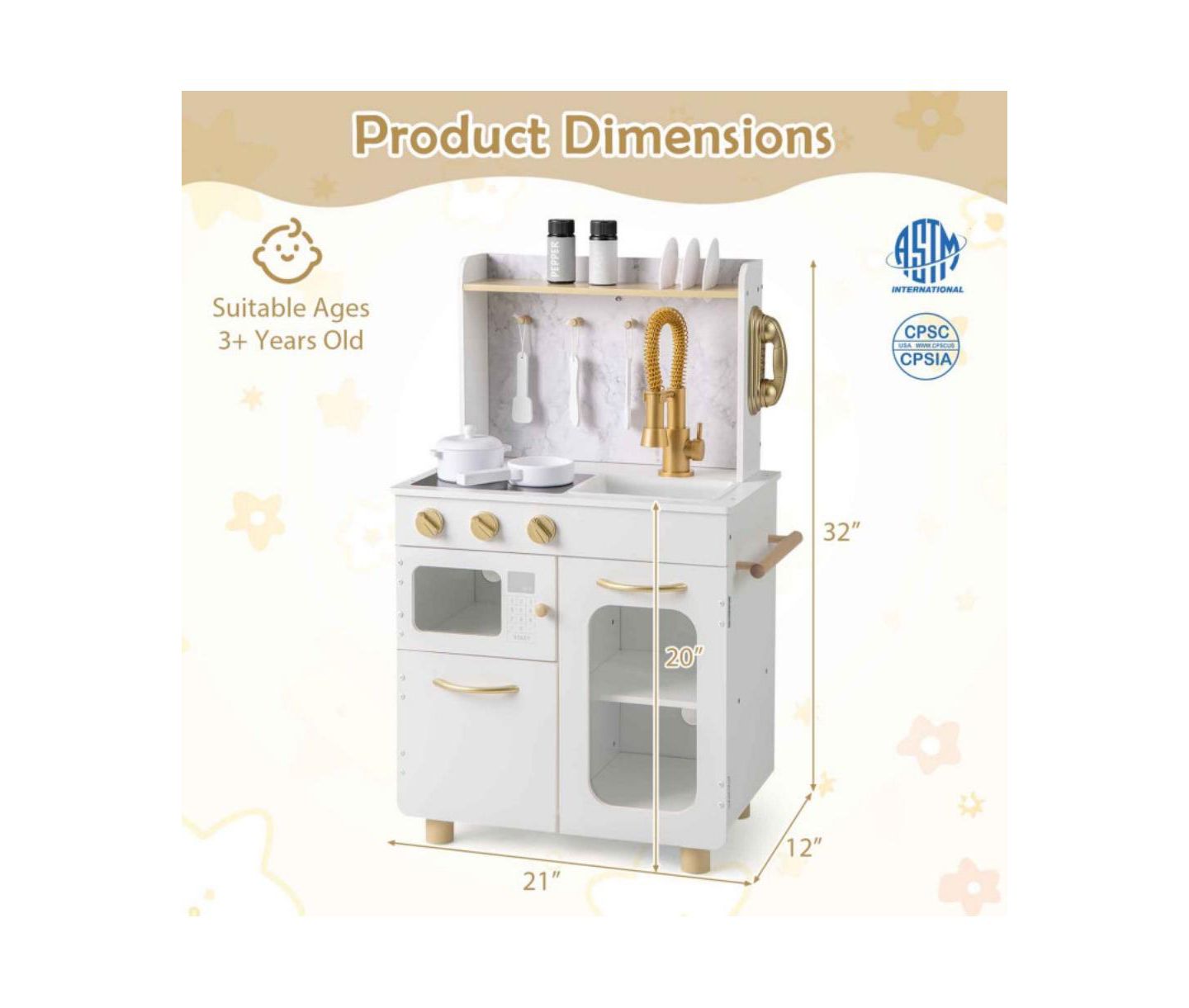 Детские игрушки HONGGE Kids Kitchen Set Pretend Play Kitchen with Stoves Faucet Sink Telephone Microwave and Oven, цвет: Белый — фото 3