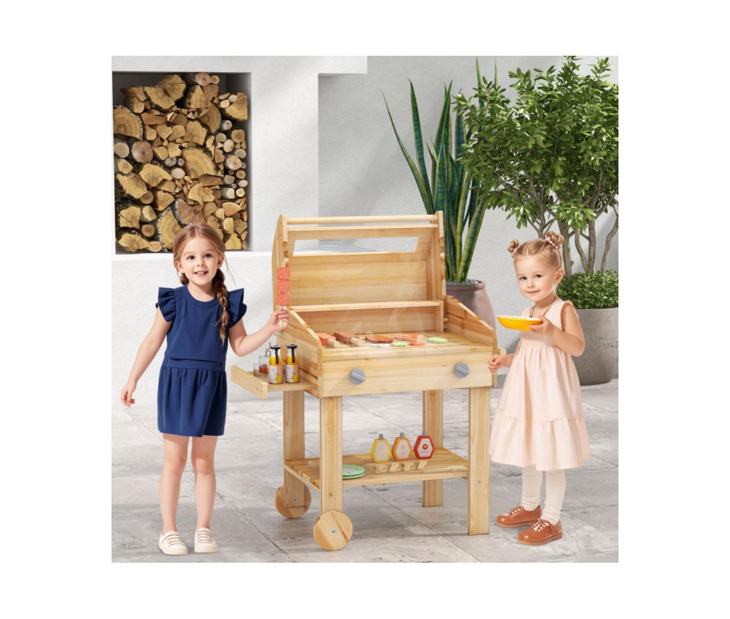 Детские игрушки HONGGE Wooden Barbecue Grill Playset with Wheels, 25-Piece Set, Ages 3+, цвет: Натуральный — фото 3