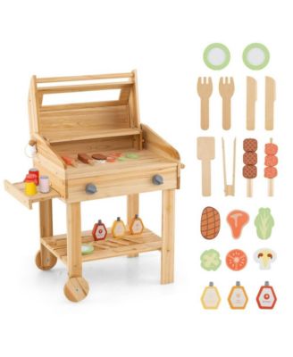 Kids Wooden Barbecue Grill Playset Pretend Kitchen with Food and Wheels
