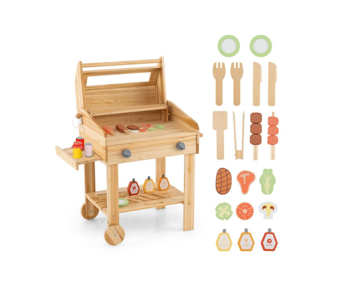 Детские игрушки HONGGE Wooden Barbecue Grill Playset with Wheels, 25-Piece Set, Ages 3+, цвет: Натуральный — фото 1