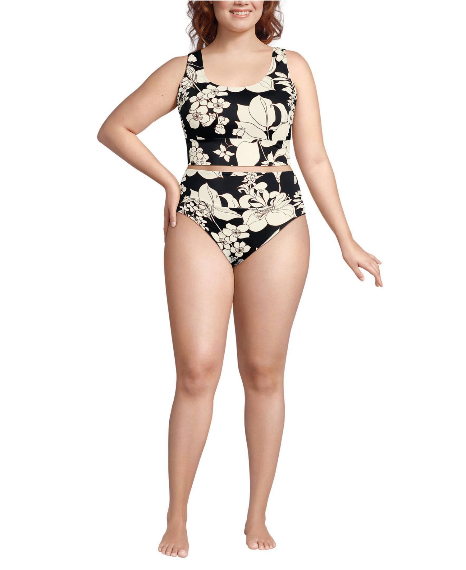 Plus Size Tugless Midkini Top and High Waisted Bottom Swimsuit Set