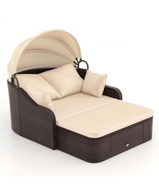 Outdoor PE Rattan Daybed w/ Retractable Canopy Soft Cushions & Extra Pillows