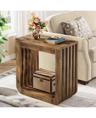 Side Table Set of 2, Farmhouse Narrow End Table with Slatted Open Frame, Wooden Rustic Accent Sofa Side Table