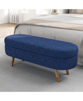 Oval Storage Ottoman Bench - Upholstered End of Bed Bench with Safety Hinge Flip Top and Solid Wood Legs for Bedroom