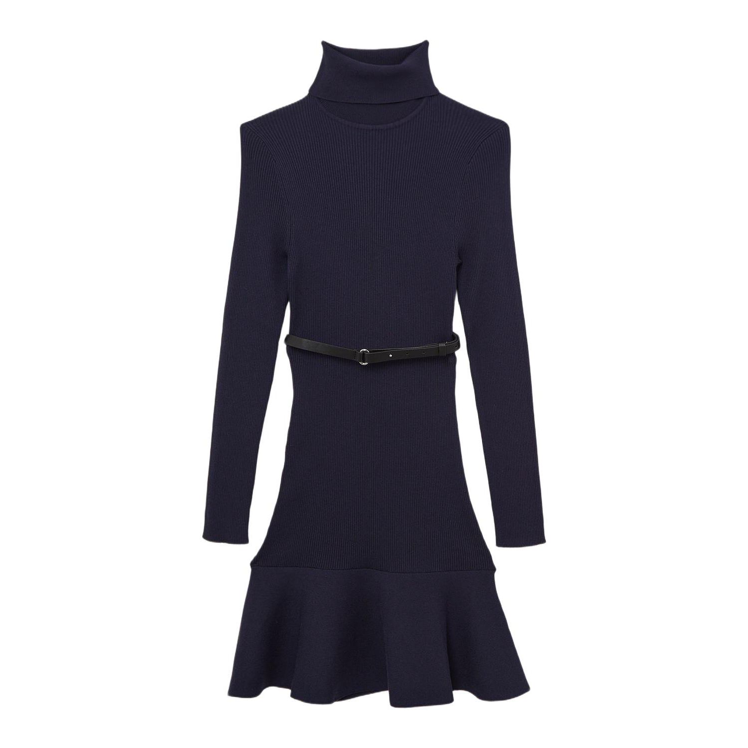 Women's Roll Neck Belted Flippy Hem Mini Dress