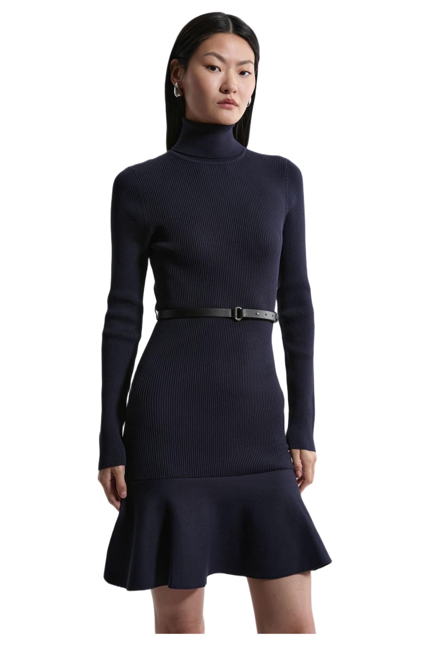 Women's Roll Neck Belted Flippy Hem Mini Dress