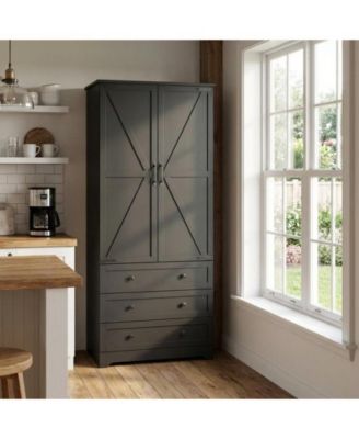 Farmhouse Kitchen Pantry Cabinet - Wood Kitchen Storage Cabinets with Adjustable Shelves & 2 Barn Doors & 3 Drawer