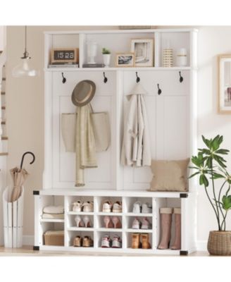 Hall Tree with Bench and Shoe Storage, Tall Farmhouse Entryway Coat Rack with Adjustable Shelf