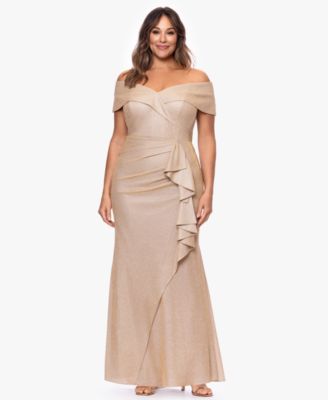  Plus Size Foil Knit Off-The-Shoulder Ruffle Gown