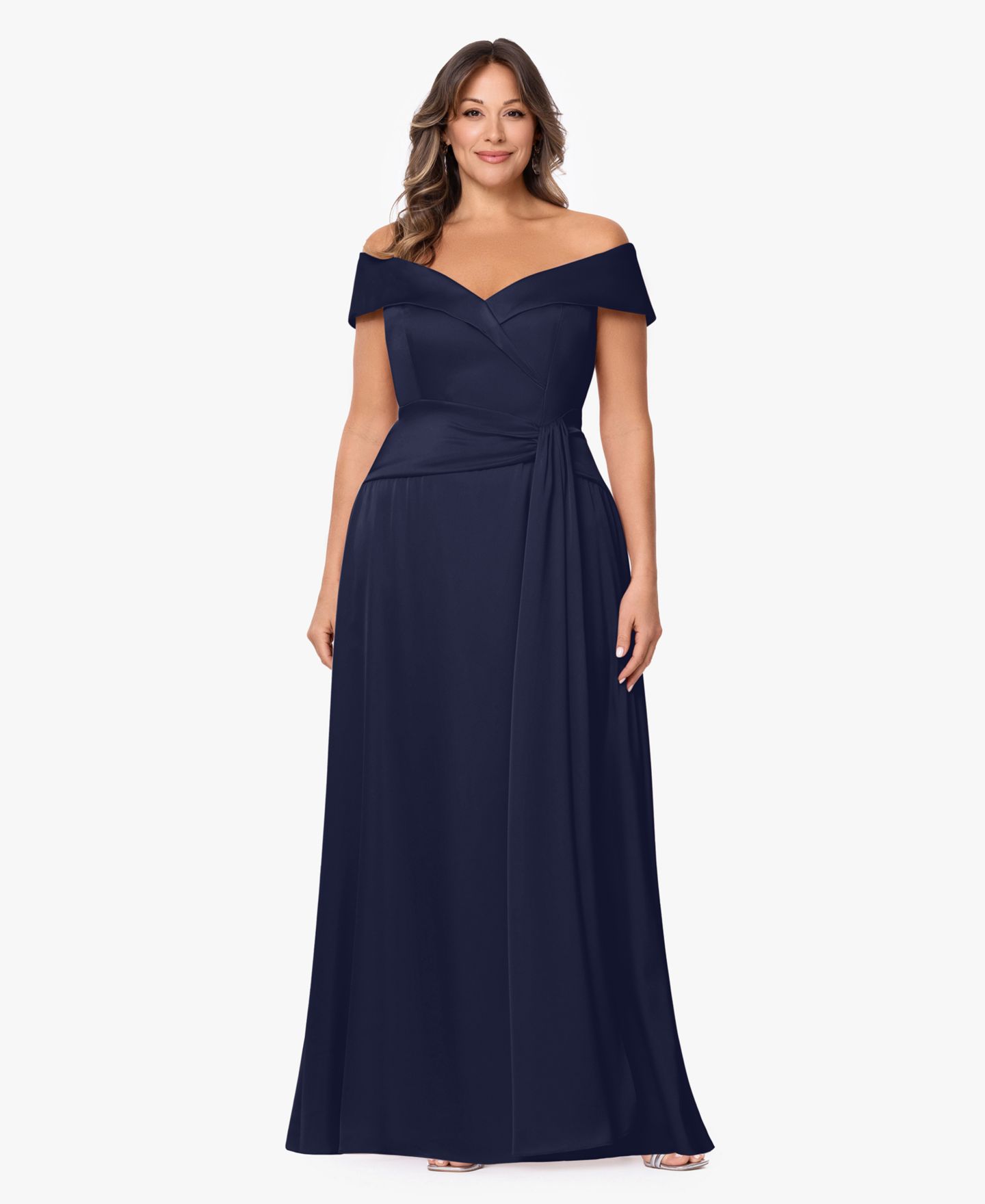 Женские платья XSCAPE Plus Size Off-The-Shoulder A-Line Gown, цвет: Тёмно-синий — фото 2