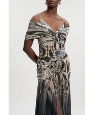Women's Marble Print Mesh Plunge Maxi Dress