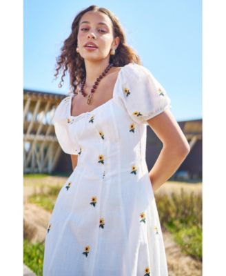 Women's Cotton Sunflower Embroidered Midi Dress