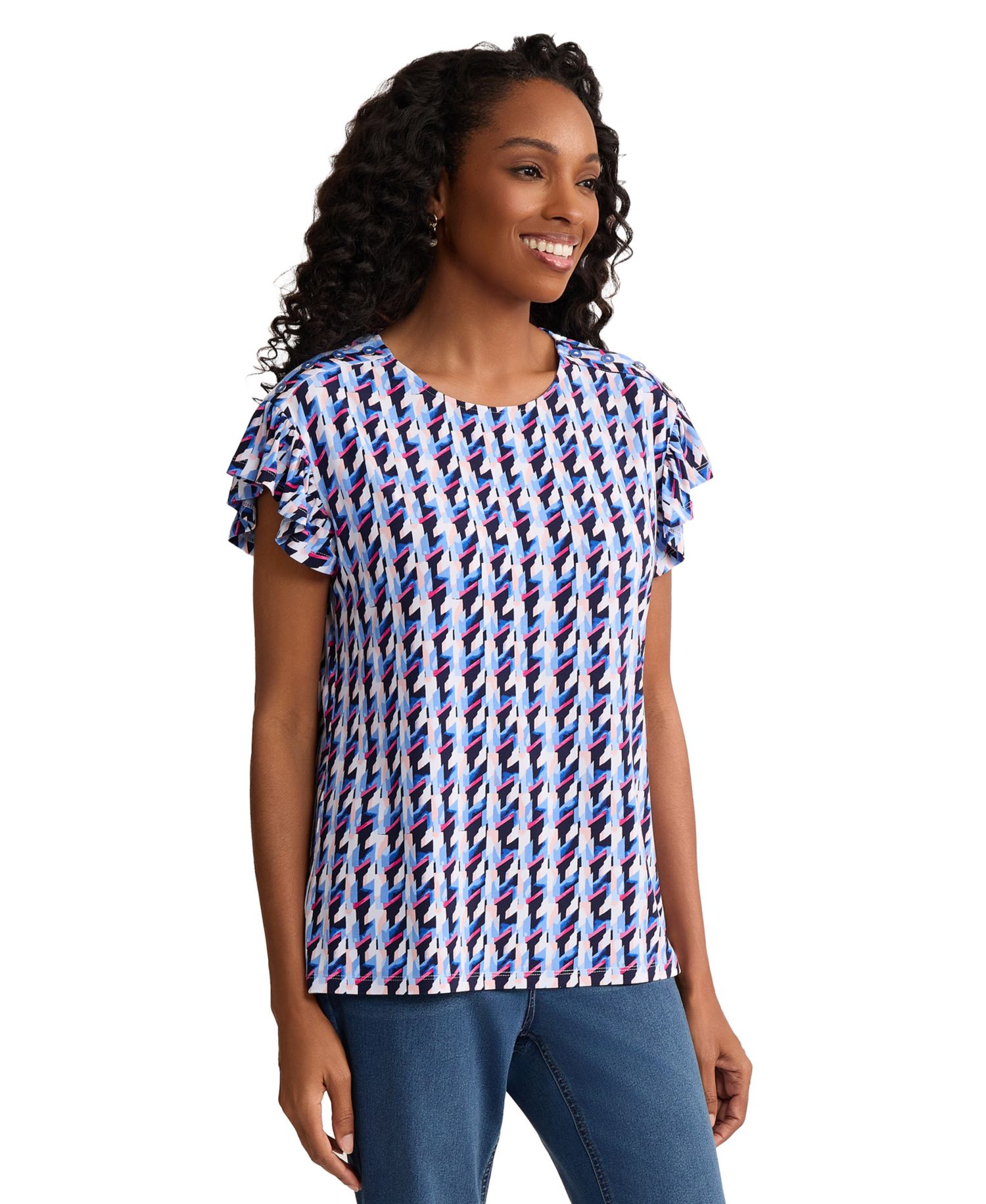 Petite Round Neck Flutter Short-Sleeve Top
