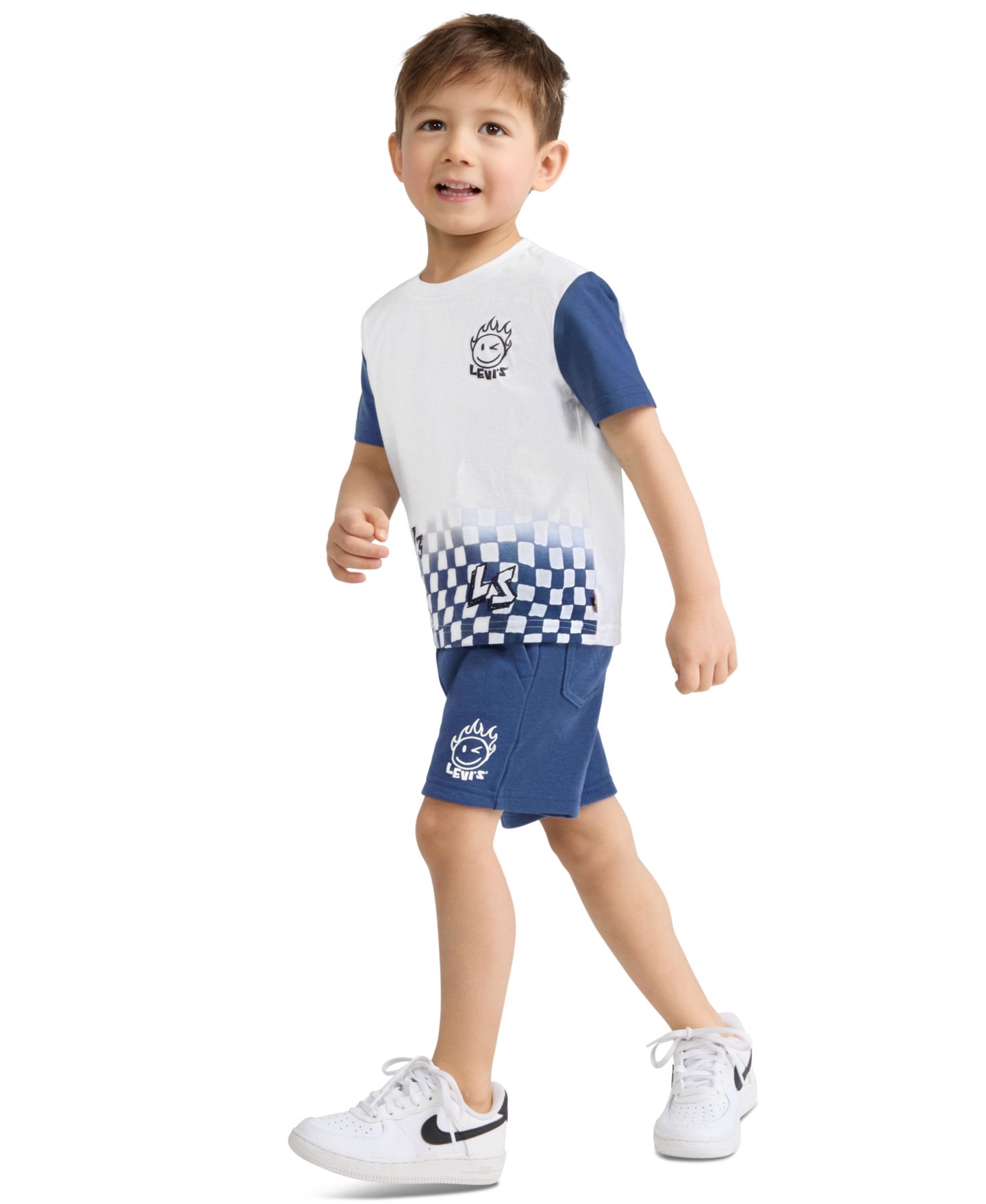 Детский комплект Levi's: футболка Smiley в клетку и шорты, 2T-7, цвет: Яркий белый / Синий — фото 3