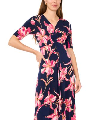 Women's Short-Sleeve V-Neck Twist Front Midi Dress