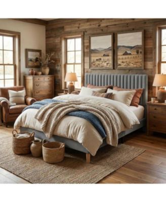  Upholstered Platform Bed Frame  Vertical Channel Tufted Adjustable Headboard, Strong Wooden Slats Support, No Box