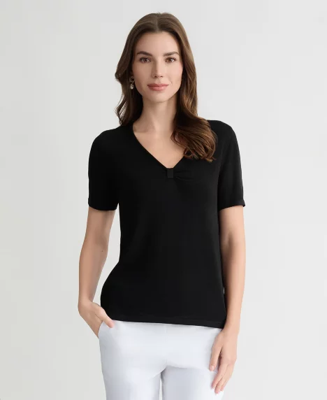 Petite V-Neck Short-Sleeve Sweater - Black