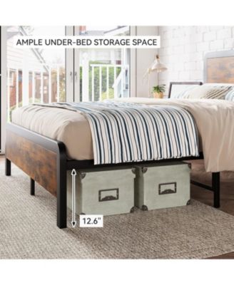 Queen Metal Bed Frame With Wooden Headboard and Footboard Storage Quiet No Box Spring Needed Vintage