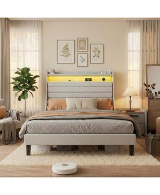 Bed Frame Linen Upholstered Headboard Led Lights USB Charging Storage Noise Free No Box Spring