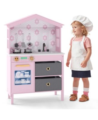 Kids Play Kitchen Toy with 2 Stoves & Rotating Knobs, Wooden Pretend Play Set