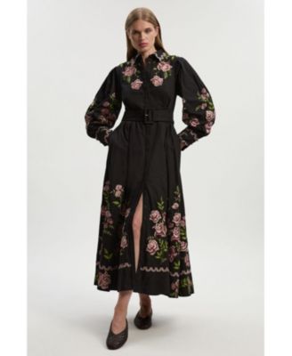 Women's Rose Embroidered Cotton Shirt Dress