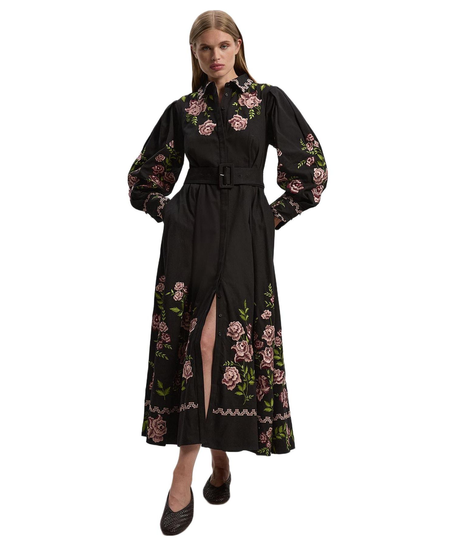 Women's Rose Embroidered Cotton Shirt Dress