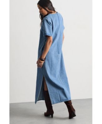 Women's Denim Side Split Midi Dress