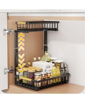 Under Sink Organizer, Under Kitchen Sink Organizers and Storage Basket, Slide Out 2 Tier Metal Shelf, Carbon Steel Pantry Cabinet Organizer