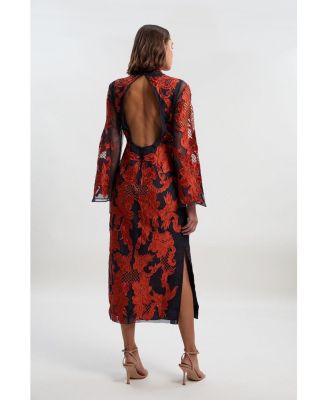 Women's High Neck Embroidered Midi Dress