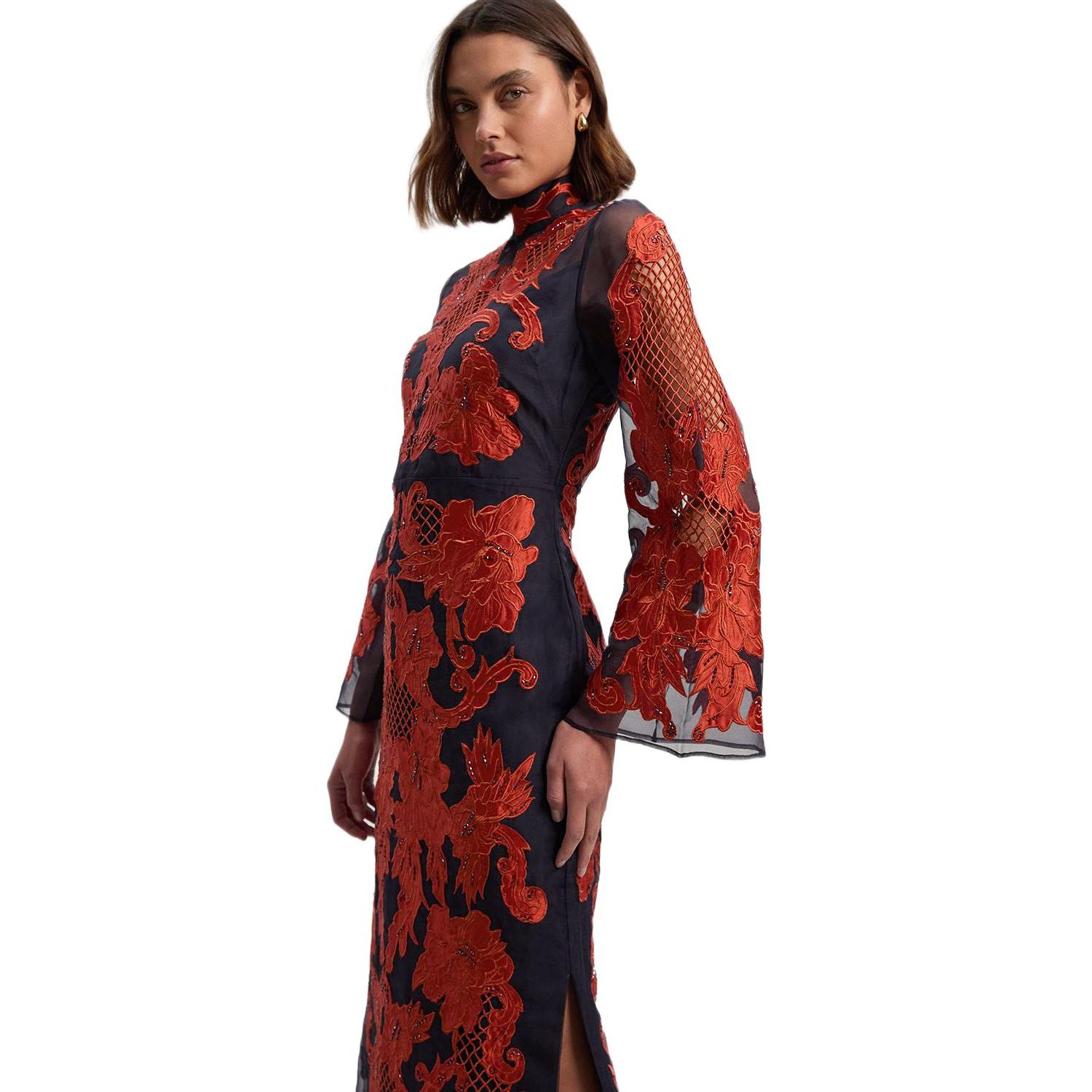 Women's High Neck Embroidered Midi Dress