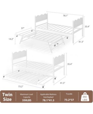Daybed with Trundle, Twin Size Day Bed with Metal Slat Support & Lockable Casters, Wavy Headboard with Wood Grain, Space-Saving Sofa Bed