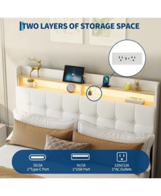 Full Size Bed Frame with 2 Storage Drawers, Upholstered Bed Frame Full LED Light, Double-Layer Bedside Headboard Charging Socket USB
