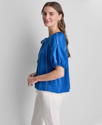 Women's Puff-Sleeve Top Stitch Tie-Front Top