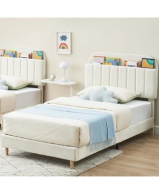 Full Bed Frame Storage Headboard Velvet Upholstered Platform Bed Kids Wood Slats Noise Free