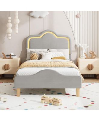 Twin Upholstered LED Platform Bed with Adjustable Headboard Footboard Velvet Princess Bed Kids Wood Slats