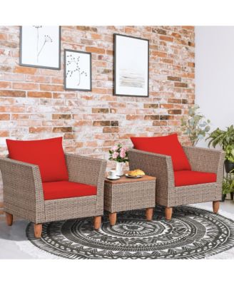 3PCS Rattan Patio Conversation Furniture Set w/ Wooden Feet Cushions