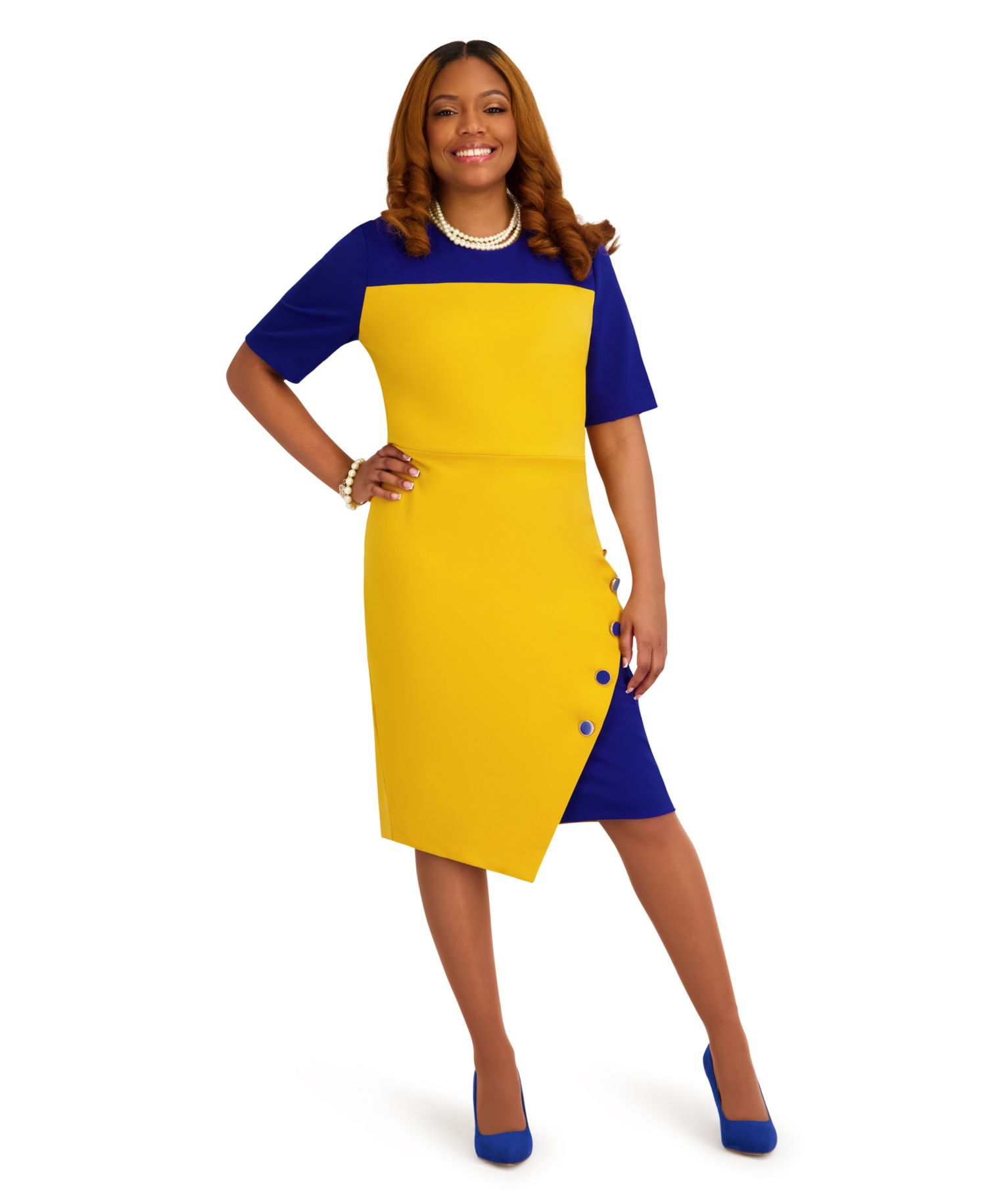 Women's Short-Sleeve Crewneck Colorblocked Midi Dress