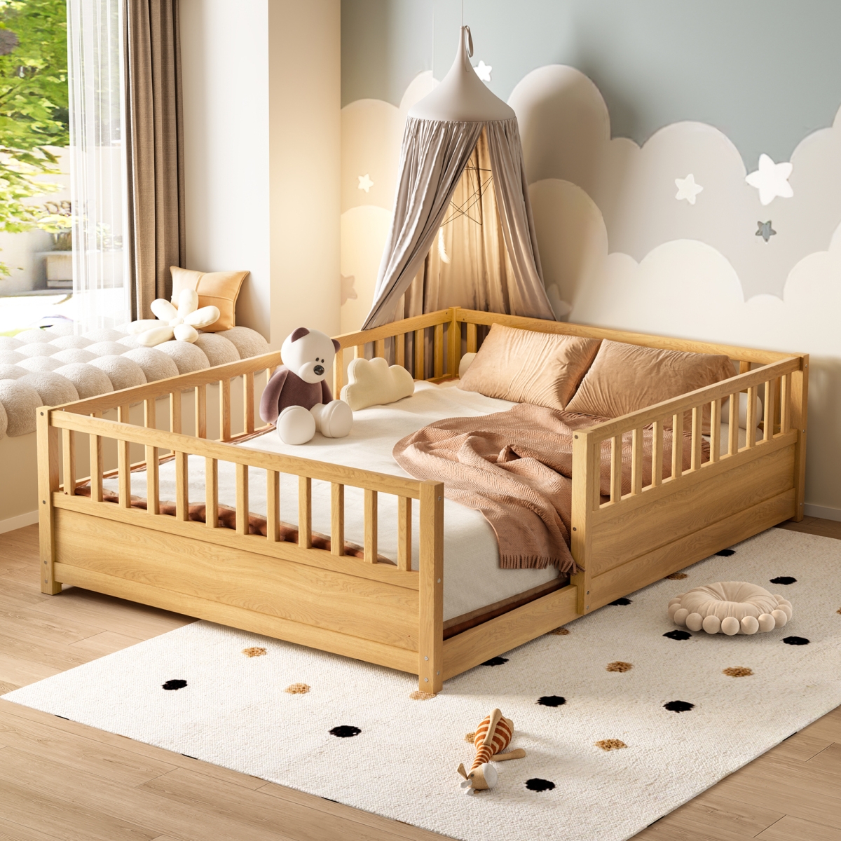 Streamdale Furniture Streamdale Full Size Floor Bed with Security Barrier and Door, Montessori Wooden Frame