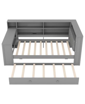 Twin Wood Platform Bed with Storage, Trundle, Charging Ports, LED Lighting, and Desk Headboard