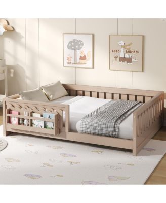 Wood Full Platform Bed w/ Guardrail & Storage Shelves