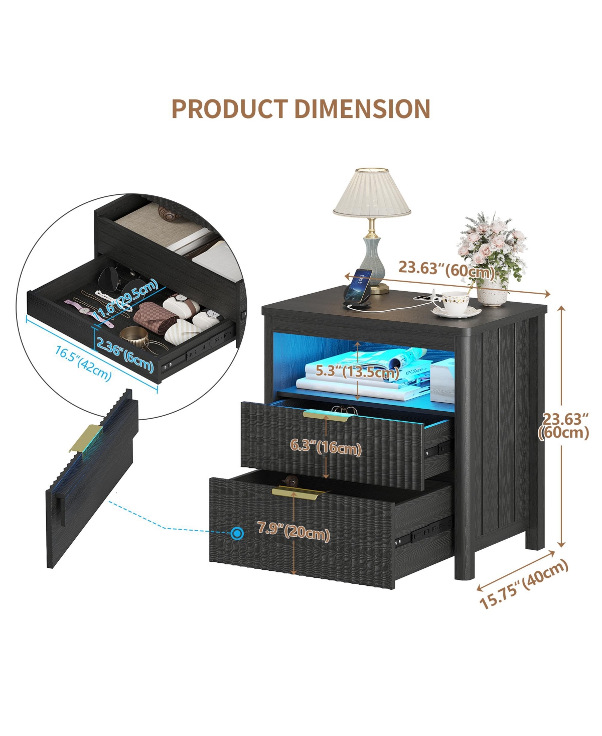 Vlsrka 24" Modern Led Nightstand with 3 Drawers and Charging Station