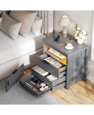 24" Modern LED Nightstand with 3 Drawers and Charging Station
