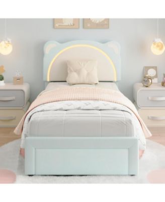 Twin XL Upholstered Bed Frame Adjustable Headboard and Smart LED Platform Storage Drawer Wood Slats No Box Spring