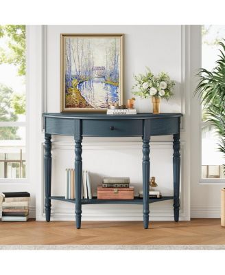 Farmhouse Navy Half Moon Console Table with Drawer & Shelf