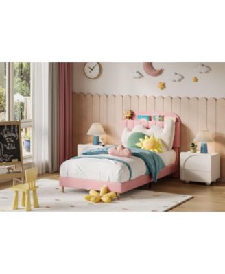 Full Bed Frame Storage Headboard Velvet Upholstered Platform Bed Kids Wood Slats Noise Free