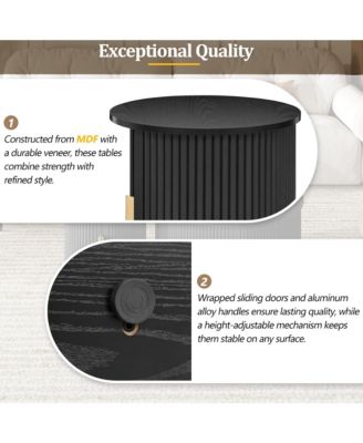 Mid-Century Coffee Table Set, Round Fluted End Table With Storage, Golden Handle and Sliding Tambour Door, Side Table for Living Room