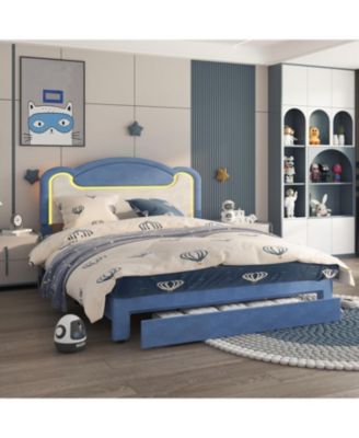 Full Size Upholstered Bed Frame with LED Lights, Fabric Headboard, Princess Platform Bed, Wood Slats, No Box Spring with Drawer