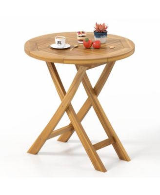 Patio Teak Wood Dining Table 27.5'' Round Side Table w/ Slatted Tabletop