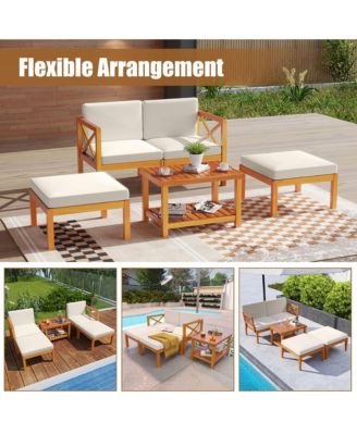 5 PCS Acacia Wood Patio Chaise Lounge Chair Set w/ 2-Tier Coffee Table Cushions